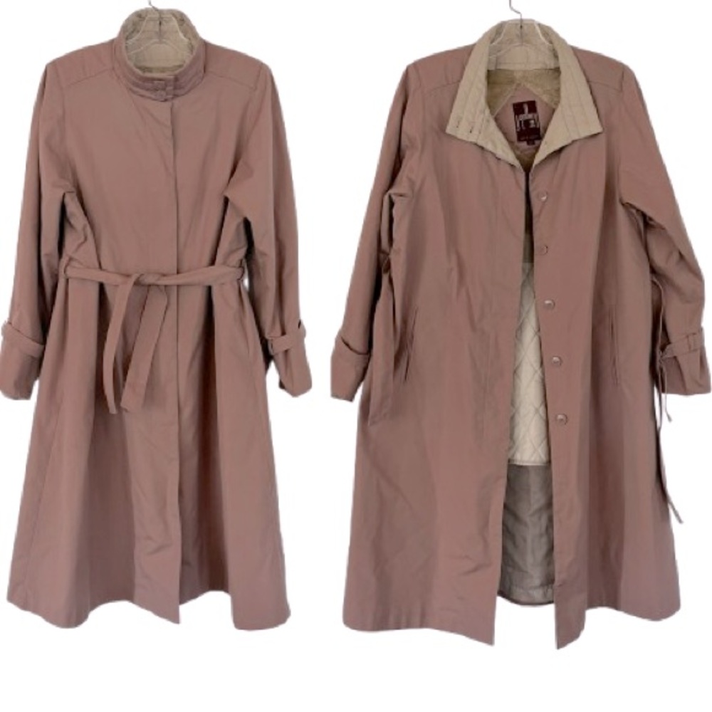 Vintage Mauve Trench Coat Belted Faux Fur Lined Light Purple Weather Resistant